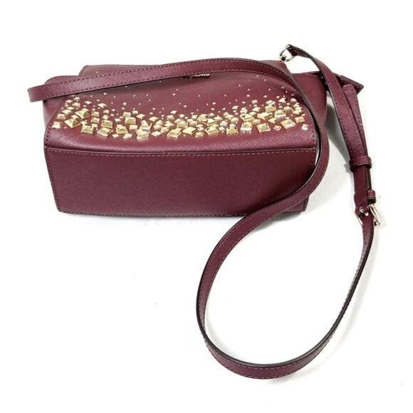 Michael Kors Selma Medium Saffiano Leather Satchel Studded/Love in Merlot - Picture 3 of 7